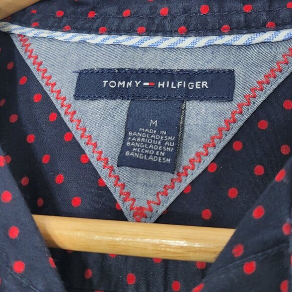 Tommy Hilfiger Navy Blue Red Polka Dots 100% Cotton Button-Up Shirt Preppy Sz M - Picture 6 of 10